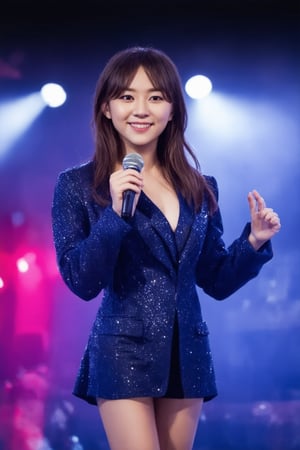 A glamorous K-pop star stands center stage, exuding elegance and charm. The scene is set in a grand concert hall, with spotlights creating a dramatic effect, highlighting her flawless makeup and luxurious attire. She poses with a confident smile, holding a microphone, her posture reflecting poise and sophistication. The background is filled with vibrant, colorful lights, enhancing the atmosphere of a high-energy performance. The composition captures her star power and the electrifying ambiance of a K-pop concert.