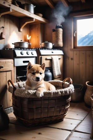 a cut shiba inu puppy is sitting in an basket in an mountain hut near the warm stove, high quality photography, 3 point lighting, flash with softbox, 4k, Canon EOS R3, hdr, smooth, sharp focus, high resolution, award winning photo, 80mm, f2.8, bokeh,KidsRedmAF