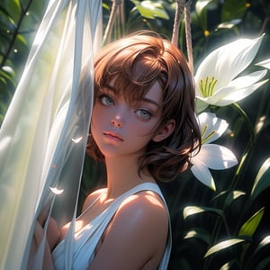 Intricate detail, sculpted perfection, excellent quality, masterpiece, 8k, ultra high resolution, art station, in the middle of the twilight forest, ultra-color, amazed by the subtlety details, excellent lighting and soft shadow, add-on medium brightness front lighting gives the details of the shimmering rays surrounded lilies, hanging cage, roped, white rope, white cloth curtain, (detailed lighting), falling white petals.