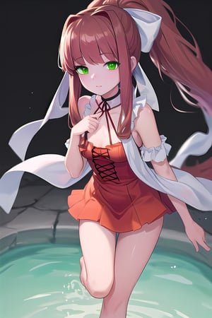 Solo_girl, perfect_face, high_detailed_skin, skin_pores, cinematic_lighting, full_body, DDLCMONIKA, BLUNT BANGS, BROWN HAIR, (GREEN EYES:1.5), LONG HAIR, PONYTAIL, RIBBON, WHITE RIBBON, HAIR RIBBON, SIDELOCKS,