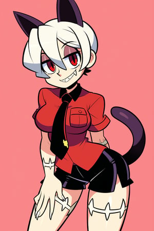 score_9, score_6_up, source_cartoon_and_anime_(skullgirls), shaders_anime_and_cartoon_(skullgirls), 1girl, ms_fortune_(skullgirls), red eyes, white hair, black casual suit, red shirt, short sleeves, black shirt, black pants, short pants, red tie, smile, yandere smile, smile of a psychopath, looking at the viewer, look of seduction or love, medium breasts, short hair, straight hair, claws, marks on legs and arms, sharp claws, dismembered parts, cat ears, cat's tail, cat marks