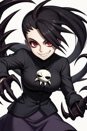score_9, score_6_up, source_anime, samson_(skullgirls), smile, yandere smile, psychopath smile, black casual suit, pants, skirt, casual shirt, red eyes, black hair, cornrows, long hair, right hand with sharp but black claws, claws, claws on hands, black hands