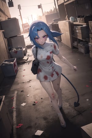 Solo_girl,  perfect_face,  high_detailed_skin,  skin_pores,  cinematic_lighting,  full_body, 
 valentineSG, clothes_stained_with_blood_as_if_they_killed_someone, Red_eyes, dirty, blue_hair, an_explotion_type_tail_in_his_hair