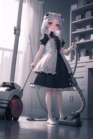 Solo_girl, perfect_face, high_detailed_skin, skin_pores, cinematic_lighting, full_body, Skg_marie, holding_a_bone_vacuum cleaner, cleaning, The_character_must_be_happy 