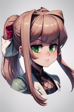 Solo_girl, perfect_face, high_detailed_skin, skin_pores, cinematic_lighting, full_body, DDLCMONIKA, BLUNT BANGS, BROWN HAIR, (GREEN EYES:1.5), LONG HAIR, PONYTAIL, RIBBON, WHITE RIBBON, HAIR RIBBON, SIDELOCKS,PARASOUL,High detailed 