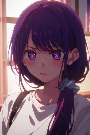 1girl, hoshinoai, solo, purple hair, purple eyes, long hair, star-shaped pupils, BREAKwhite shirt, blue scrunchie, hair over shoulder, low ponytail, BREAKannoyed, half-closed eyes, BREAKscore_9, score_8_up, score_7_up, score_6_up, anime,(high quality, detailed, beautiful), shiny, detailed beautiful eyes, outstanding, countershading, detailed soft lighting, HOSHINOAI