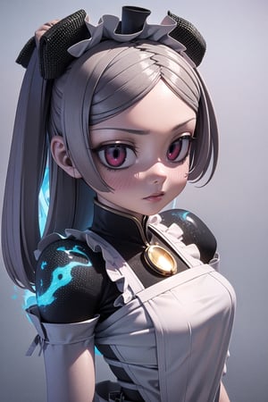 1 girl, Maid_Costume, blue fire on the back, skg_marie, (3D Rendering:1.6), Prefect Face, focus on the background, amazing details, (Ray Tracing:1.0), 8k, wallpaper, best resolution, (looking at the viewer:1.1), 
