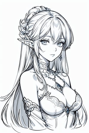 masterpiece,top quality, (simple white background),
 line drawing,(no color:1.5),,white background,Black distinct lines、line anime,
jewelry, accessories, elf, , bare shoulders, long hair, earrings
