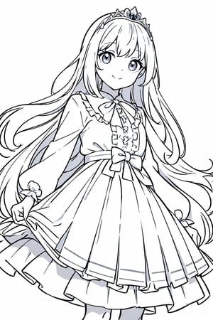 masterpiece,top quality,(simple white background)、

line drawing,(no color:1.5),,white background,Black distinct lines on a white background
 cherry blossoms, girl,line anime,smile,pleated skirt, frilly clothes、princess, tiara