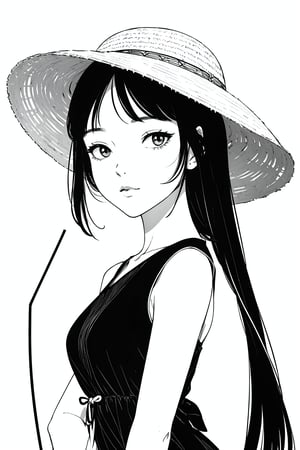 masterpiece,top quality, (simple white background), woman
 line drawing,(no color:1.5),,white background,Black distinct lines、line anime,black hair,
Big tree, straw hat, dress