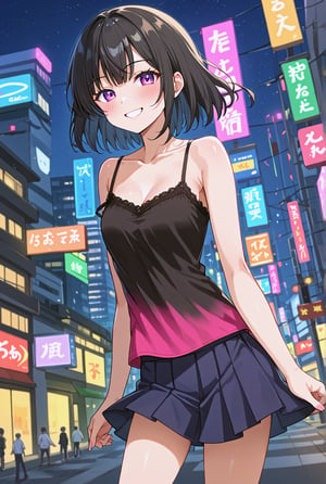 anime style,vibrant,highly detailed,anime coloring,masterpiece,best quality, 
Camisole, skirt,smile,blush,solo,black hair,