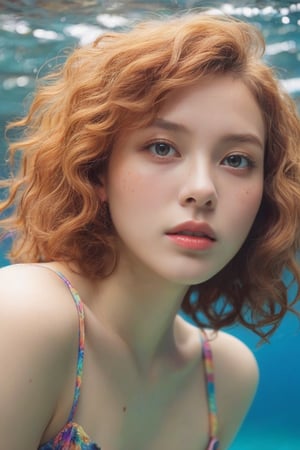 dal, photo, hyperrealistic photography of exotic girl with short rainbow curly hair, closed mouth, ultra realistic, authentic photography, best quality, ultra quality, 8k UHD, 16k, 32k, cute colorful dress, underwater landscape, ((closeup)), flowy rainbow curly hair, selfie, front view, slightly freckled, Realism, naturally_censored,realhands,Realism. k-pop, 