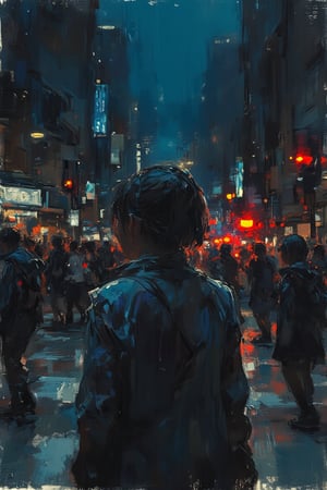 a painting in a rough touch of dal style, a woman walking down the street at night with raindrops falling from the sky and traffic lights in the background, as well as some people standing on the side of the road waiting for the light to change so they can cross the street
