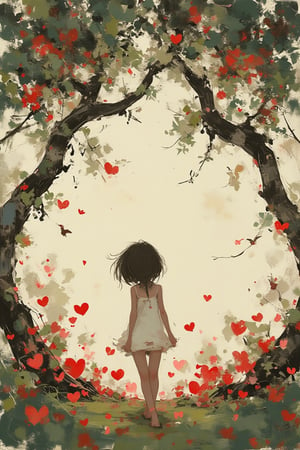 a painting in a rough touch of dal style, a girl standing under a tree with leaves falling from the branches and hearts scattered on the ground in front of her, as she looks up at the sky to see if there are any birds or butterflies flying through the air around her
