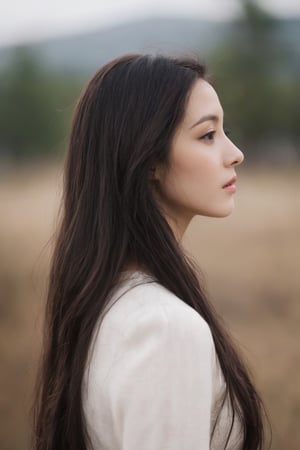 dal, 1girl, solo, long hair, black hair, profile, blurry, parted lips, lips,  upper body, blurry background, brown eyes, depth of field
