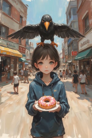 a painting in a rough touch of dal style, an illustration of a little girl walking down the street with donuts in her hands and two black birds sitting on top of each other, one is holding a cupcake while the other has a doughnut hanging out of its beak