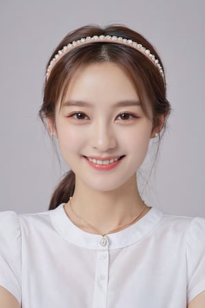 dal,  photo, korean, 1girl, solo, long hair, looking at viewer, smile, brown hair, shirt, brown eyes, jewelry, closed mouth, white shirt, upper body, short sleeves, hairband, necklace, mole, lips, realistic