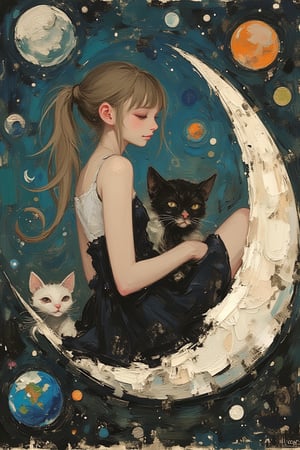 a painting in a rough touch of dal style, a girl sitting on top of a crescent moon with lots of swirls and circles in the background, surrounded by an image of a cat that looks like it is looking out at the world from its perch atop the moon
