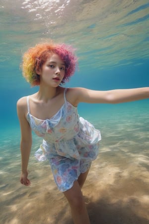 dal, photo, hyperrealistic photography of exotic girl with short rainbow curly hair, closed mouth, ultra realistic, authentic photography, best quality, ultra quality, 8k UHD, 16k, 32k, cute colorful dress, underwater landscape, ((closeup)), flowy rainbow curly hair, selfie, front view, slightly freckled, Realism, naturally_censored,realhands,Realism. k-pop, 