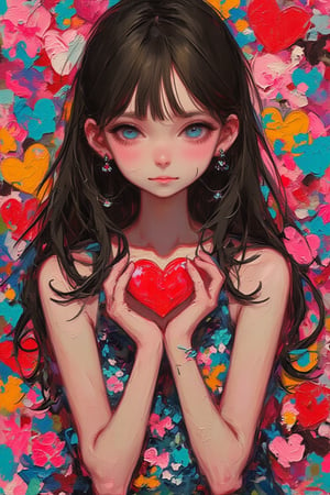 a painting in a rough touch of dal style, a girl with black hair and blue eyes holding a heart shaped object in front of an array of colorful hearts, flowers and other shapes on the background
