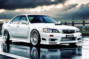 A depiction of a Toyota chaser Lowered Suspension, White, black rubber tyres, ((silver wheels)),  parked on the road in a Heavenly area background, at Day time, Dull sky, Front Side view, (symmetrical), (symmetrical lights) ,more detail XL,H effect