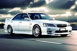 A depiction of a Toyota chaser Lowered Suspension, White, black rubber tyres, ((silver wheels)),  parked on the road in a Heavenly area background, at Day time, Dull sky, Front Side view, (symmetrical), (symmetrical lights) ,more detail XL,H effect