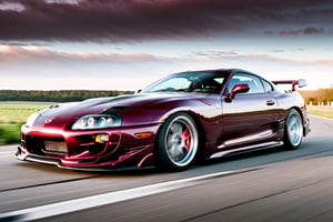 A depiction of a Toyota Supra Lowered Suspension, Wine red metallic, black rubber tyres, ((silver wheels)),  parked on the road in a Heavenly area background, at Day time, Dull sky, Front Side view, (symmetrical), (symmetrical lights) ,more detail XL,H effect