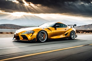 A depiction of a Toyota Supra Lowered Suspension, Yellow metallic, black rubber tyres, ((silver wheels)),  parked on the road in a Heavenly area background, at Day time, Dull sky, Front Side view, (symmetrical), (symmetrical lights) ,more detail XL,H effect