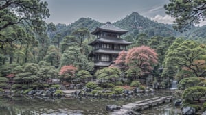 High detailed ,EpicArt, Vibrant colours, a Japanese landscape stretching to the horizon, with Japanese style Pagodas, with a long river leading to the mountains, Colourful trees, and an old Japanese bridge crosses the river, (waterfalls) of great size can be seen, pathways lead along the river bank,Color magic,Nature,japanese_garden_background