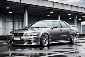 A depiction of a Toyota chaser Lowered Suspension, Graphite grey, black rubber tyres, ((silver wheels)),  parked on the road in a Heavenly area background, at Day time, Dull sky, Front Side view, (symmetrical), (symmetrical lights) ,more detail XL,H effect
