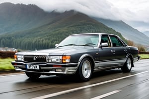 A depiction of a Toyota Cressida Lowered Suspension, Graphite grey, black rubber tyres, ((silver wheels)),  parked on the road in a Heavenly area background, at Day time, Dull sky, Front Side view, (symmetrical), (symmetrical lights) ,more detail XL,H effect