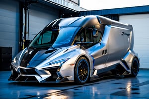 A  Futuristic concept of a streamlined Big Rig Van inspired, by Lamborghini and 54 Chevy Apache, Matte Black colour, Silver and Blue, black rubber, Black Bumpers, (Black wheels), parked in a Garage, area background, at Day time, Front Side view, (symmetrical), ,more detail XL,pturbo,photo r3al,hustler