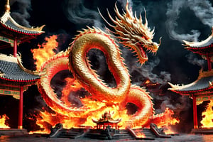 A fire breathing dragon burning down a chinese temple, masterpeice, 8k UHD