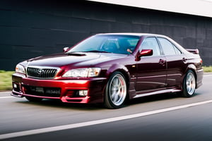 A depiction of a Toyota chaser Lowered Suspension, Wine red metallic, black rubber tyres, ((silver wheels)),  parked on the road in a Heavenly area background, at Day time, Dull sky, Front Side view, (symmetrical), (symmetrical lights) ,more detail XL,H effect