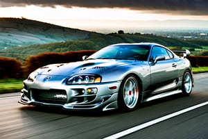 A depiction of a Toyota Supra Lowered Suspension,  metallic, Graphite grey black rubber tyres, ((silver wheels)),  parked on the road in a Heavenly area background, at Day time, Dull sky, Front Side view, (symmetrical), (symmetrical lights) ,more detail XL,H effect