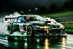 A Racing scene depiction of drift racing car on a Foggy night, Lowered suspension, Black colour, (Black wheels), Tyre Smoke,  Speeding on the road, Album Cover, Night, Rain, Dark Foggy, Black, Drift Cars, Car Meeting, Front Side view, (symmetrical), ,more detail XL,H effect