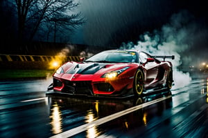 A Racing scene depiction of Street racing car on a Foggy night, Lowered suspension, (Black wheels), Tyre Smoke,  Speeding on the road, Album Cover, Night, Rain, Dark Foggy, Black, Drift Cars, Black, Blue, red, yellow, Car Meeting, Front Side view, (symmetrical), ,more detail XL,H effect