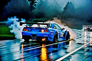 A Racing scene depiction of drift racing car on a Foggy night, Lowered suspension, (Black wheels), Tyre Smoke,  Speeding on the road, Album Cover, Night, Rain, Dark Foggy, Black, Drift Cars, Black, Blue, Car Meeting, Front Side view, (symmetrical), ,more detail XL,H effect