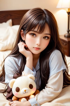 A serene Taiwanese bedroom scene: A young girl with long, dark hair lies on a plush pillow, her bangs framing her heart-shaped face, warm brown eyes gazing directly at the viewer. Soft lighting casts a cozy glow on her peaceful slumber, illuminating her casual shirt and bedsheet against a subtle, cream-colored backdrop.
