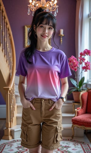 Cinematic photorealistic A beautiful Korean woman with smooth, clean white skin ,The ideal posture is black hair in a Korean style ponytail with bangs, wearing a bright purple t-shirt with pink gradients and a cool watch, brown cargo shorts with lots of pockets,white shoes, (smiling sweetly eyes looking at the camera), sensual pose the stairs model style .luxury stairs in gold color background seen from above purple room , under the stairs there is a pot of red orchids . On the ceiling of the room there is a luxurious chandelier, cream sofa ac and red sultan chair looks like a very luxurious and magnificent room,