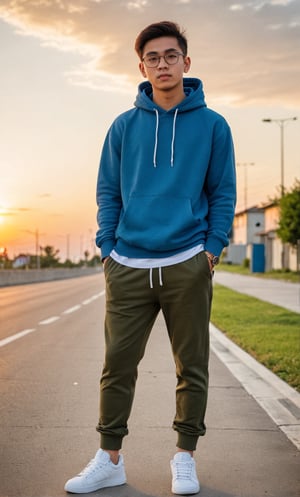 Make a photoshoot portrait of a young Filipino man, 18 years old, cool pose, blue hoodie urban, army green jogger pants, white shoes, glasses... sunset sky background, blur lens background, full body shot, legs, long shot,