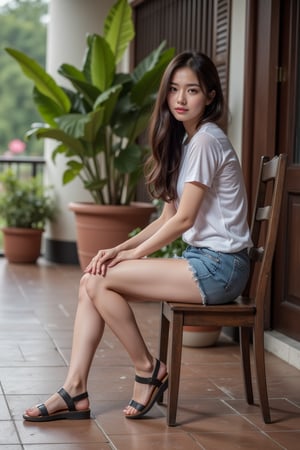 A disillusioned 25-year-old Indonesian girl, in retro 80s style, (detailed hands and perfect finger), rural vibes, sitting. He a sitting on chair in the front home. (outdoor), wearing tshirt and sandals, long hair, double iris, lips, oval face, legs, side view, face looking at camera:1.2, smile, detail background, sandal details. The scene is painted in muted pastels,  a full body shot, evoking a nostalgic atmosphere reminiscent of vintage photographs, with worn tiles and potted plants in the background, blending elements of surrealism to emphasize the contrast between expectations and reality. The scene captures a moving moment of longing and emptiness, inviting viewers to reflect on the story behind his expression.