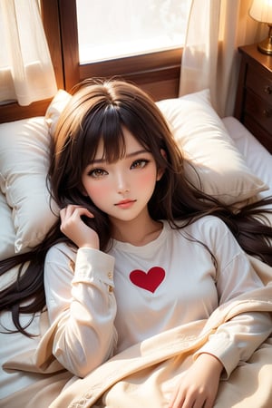 A serene Taiwanese bedroom scene: A young girl with long, dark hair lies on a plush pillow, her bangs framing her heart-shaped face, warm brown eyes gazing directly at the viewer. Soft lighting casts a cozy glow on her peaceful slumber, illuminating her casual shirt and bedsheet against a subtle, cream-colored backdrop.

