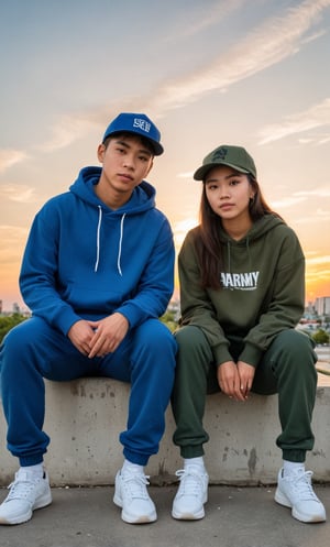 Make a photoshoot portrait of a young Filipino man and woman, 18 years old, cool pose, blue hoodie urban, hat, army green jogger pants, white shoes, sunset sky background, blur lens background, full body shot, legs, hip hop, wide angle, back to back, sitting_down, long shot,