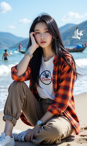 Beautiful Korean girl with smooth white skin, well-groomed face, long straight black hair, red and orange checkered shirt, white t-shirt with the Aku Padamu logo, brown cargo pants, cool watch, white shoes posing sitting on the beach, background, sea waves, boat fishermen, seagulls flying. clear blue sky, very beautiful, mountains and waterfalls, the original photo is realistic