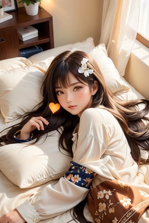 A serene Taiwanese bedroom scene: A young girl with long, dark hair lies on a plush pillow, her bangs framing her heart-shaped face, warm brown eyes gazing directly at the viewer. Soft lighting casts a cozy glow on her peaceful slumber, illuminating her casual shirt and bedsheet against a subtle, cream-colored backdrop.
