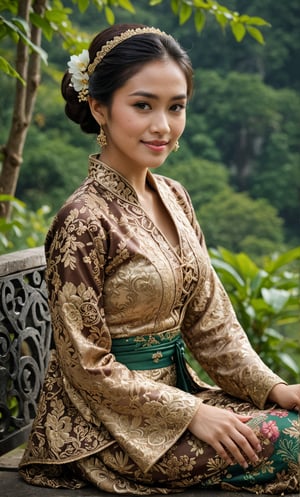 Hight quality, best quality, hd, 8k, reaslistic, draw me a picture of a handsome Indonesian woman wearing kebaya long sleeve, beautiful face, kebaya java, scenery, closed dress, combination batik dress, embroidery motif, hairbun, full body shot, detail skin, detail hands, sitting in kingdom, looking at view, random pose, smile, kingdom the background, perfect finger,hand