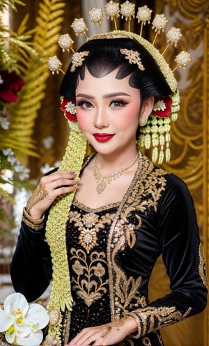 photography, woman,  portrait of java wedding woman in black long kebaya dress traditional, red lipstick, golden necklace, earrings, ornate, detail, flowers, blurry background, soft focus, random pose, detail finger, cinematic long shot