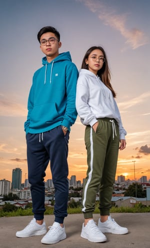 Make a photoshoot portrait of a young Filipino man and woman, 18 years old, cool pose, blue hoodie urban, army green jogger pants, white shoes, glasses... sunset sky background, blur lens background, full body shot, legs, hip hop, wide angle, long shot,