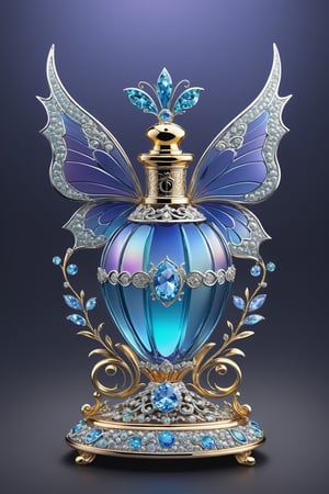 Photorealistic rendering in high definition of a perfume in sculpted glass and made of diamonds and iridescent iridescent gemstones, themed in a butterfly with open wings, until its presentation, the perfume must be located on a throne of glass and marble and with ornamental details and baroque style, must include iridescent glass and marble and luxurious oriental external decoration, full of elegant mystery, symmetrical, geometric and parametric details, Technical design, Ultra intricate details, Ornate details,Disney pixar style,veropeso